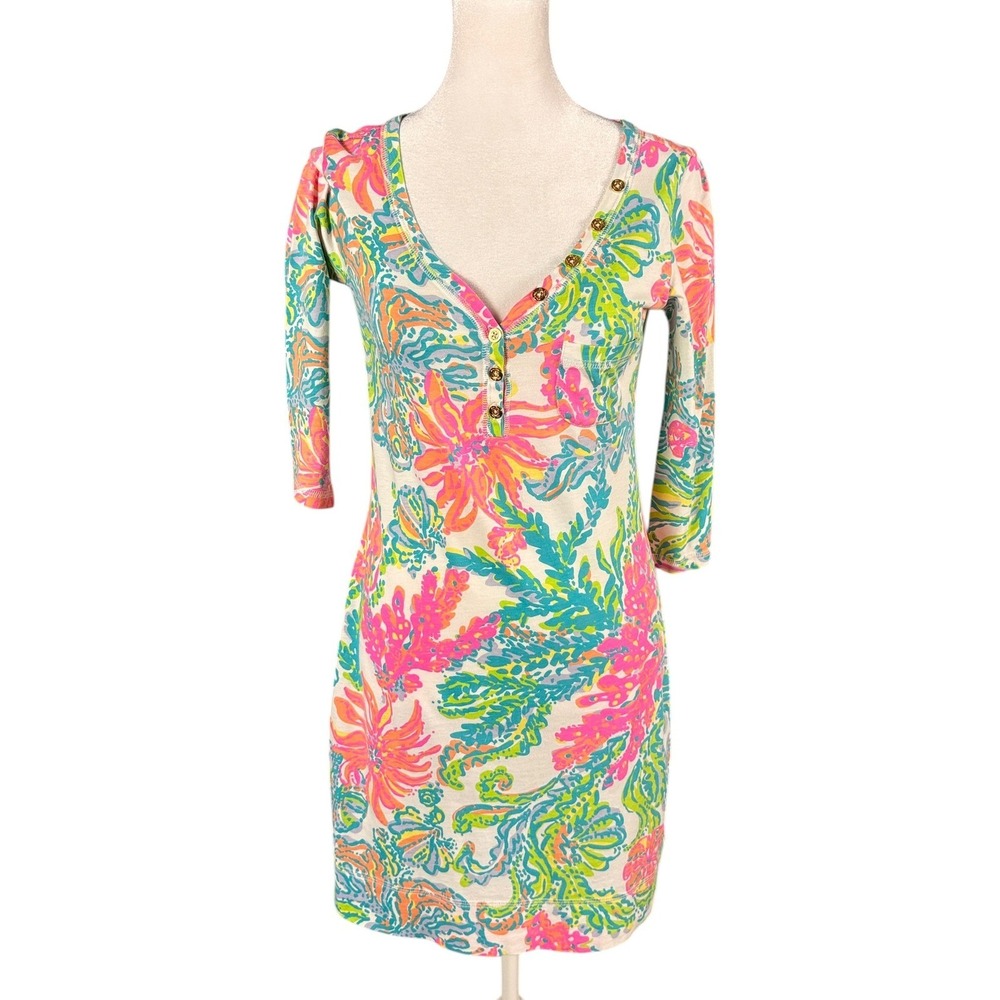 Lilly Pulitzer Henley Dress Extra Small Pima Cotton Floral Cruise Vacation Light